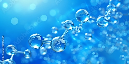 Scientific, digital art, blue background with water molecules in the foreground, perfect for educational or scientific presentations, vibrant and detailed.