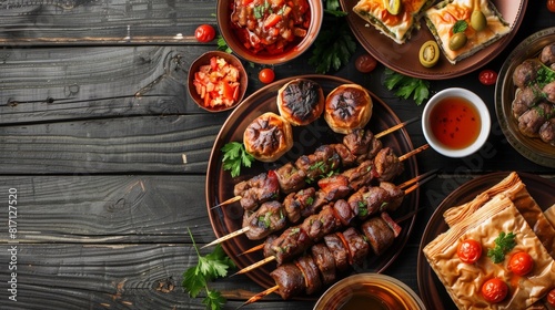 Top view of a traditional Turkish meal including kebabs, baklava, and Turkish tea, using the rule of thirds, with ample copy space