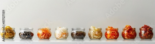 A minimalist, high-key setup with a series of kimchi samples in small clear jars, set against a crisp, white background, broad empty space on the right for promotional text. photo