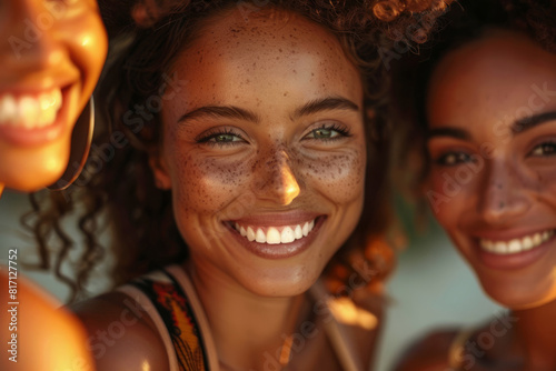 Beautiful smiling girl friends standing together. Multi ethnic group of women looking happy. Generative AI