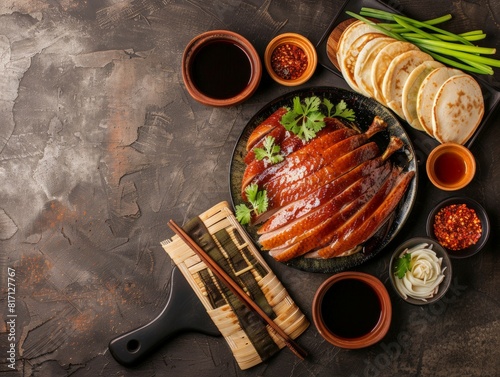 Top view of Chinese Peking duck with pancakes, using the rule of thirds, with ample copy space, rich and flavorful, high-quality image