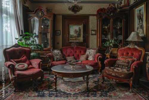 Living room full of antique furniture  house interior design