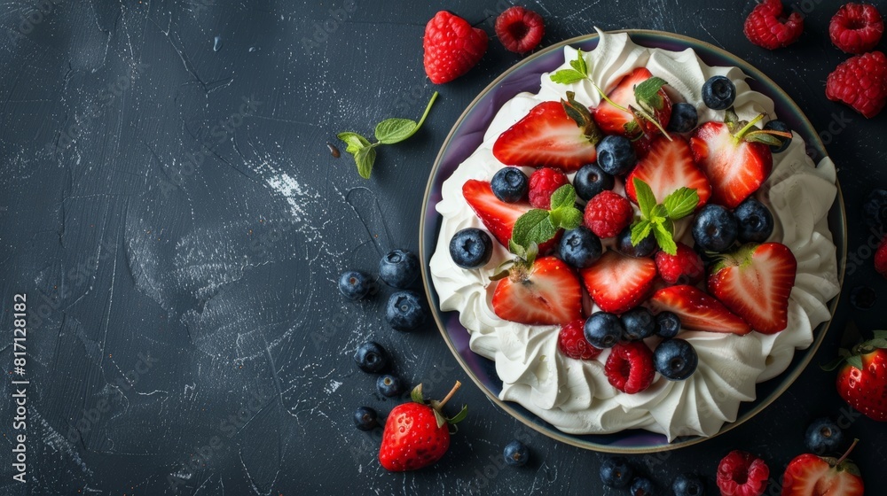 Top view of Australian pavlova with berries, using the rule of thirds, with ample copy space Top view of Australian pavlova with berries, using the rule of thirds, with ample copy space