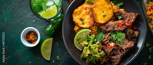 Top view of a vibrant Cuban meal including ropa vieja, tostones, and mojito, using the rule of thirds, with ample copy space photo