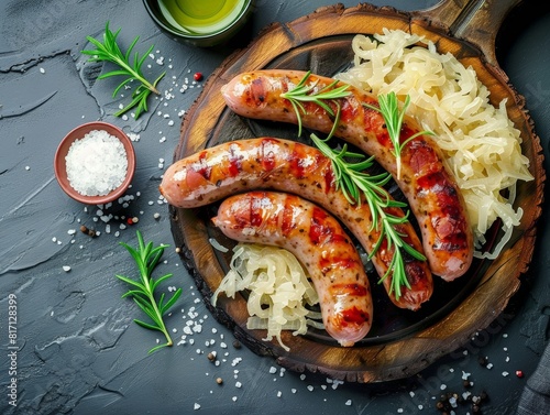 Top view of German bratwurst with sauerkraut, using the rule of thirds, with ample copy space