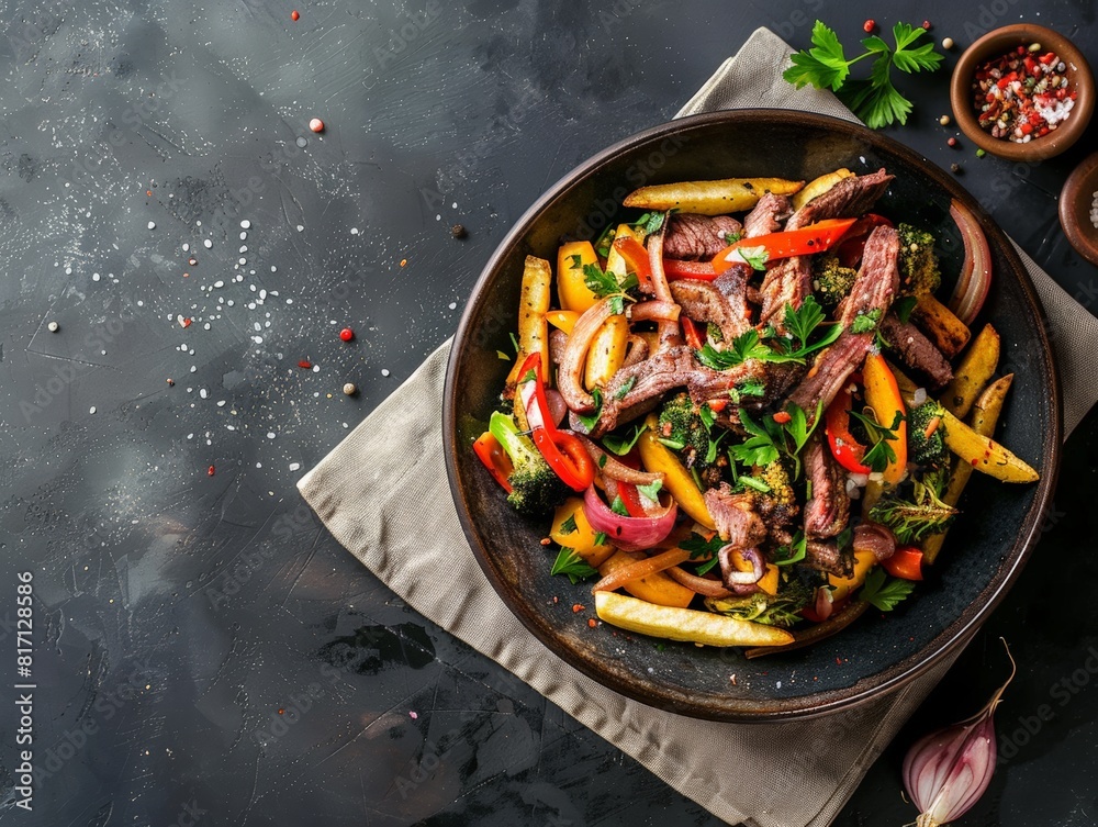 custom made wallpaper toronto digitalTop view of a Peruvian lomo saltado with beef, vegetables, and fries, using the rule of thirds, with ample copy space