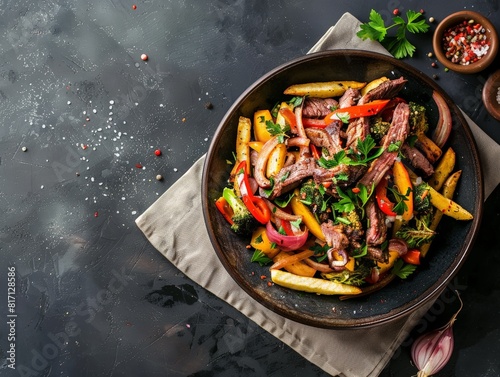 Top view of a Peruvian lomo saltado with beef, vegetables, and fries, using the rule of thirds, with ample copy space