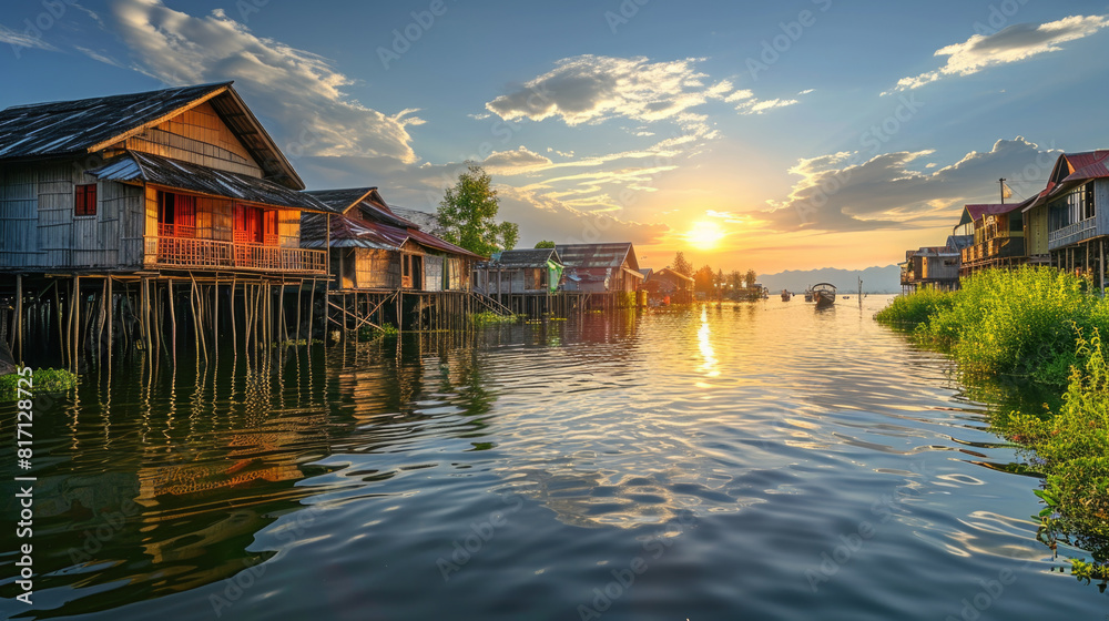 Fototapeta premium Houses with warm reflections watch a fiery sunset paint the sky over calm river water