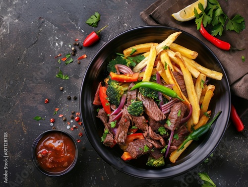 Top view of a Peruvian lomo saltado with beef, vegetables, and fries, using the rule of thirds, with ample copy space