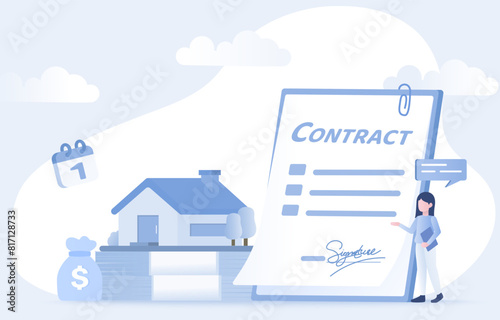 Real estate and property investment concept. Agent guarantees, deal, contract with signatures on paper. Flat vector design illustration. © NTPY