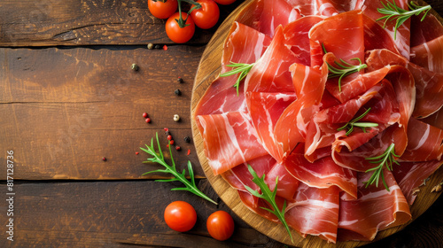 Thin slices of jamon on a wooden board. View from above. Free space for text, copy space. Wooden background, table. photo