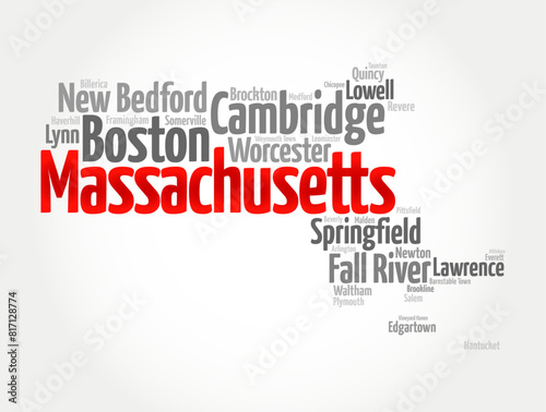 List of cities in Massachusetts - a state in the New England region of the northeastern United States, colonial history, diverse culture, prestigious universities, map silhouette word cloud photo