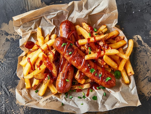 Top view of German currywurst with fries, using the rule of thirds, with ample copy space