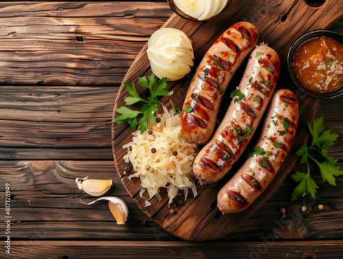 Top view of German bratwurst with sauerkraut, using the rule of thirds, with ample copy space