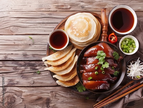 Top view of Chinese Peking duck with pancakes, using the rule of thirds, with ample copy space, rich and flavorful, high-quality image