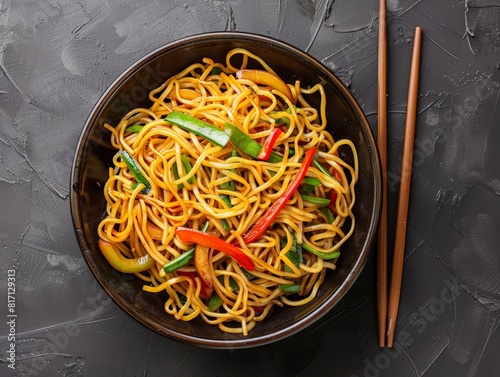 Top view of Chinese chow mein with vegetables, using the rule of thirds, with ample copy space, savory and hearty, high-quality image