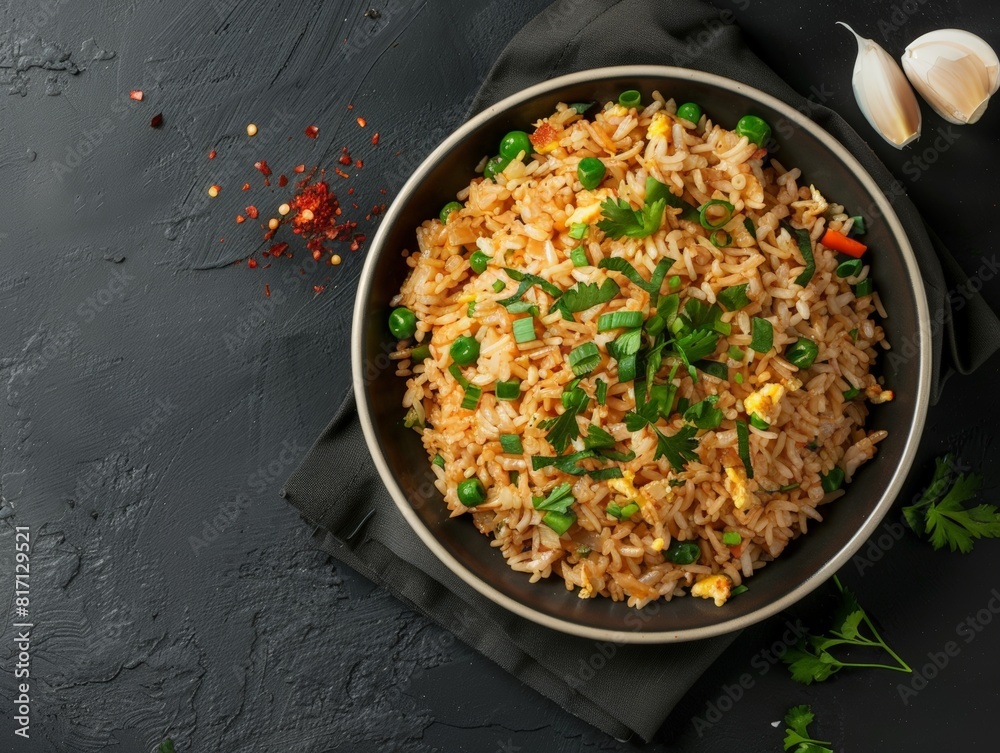 Top view of Chinese egg fried rice, using the rule of thirds, with ample copy space, simple and flavorful, high-quality image