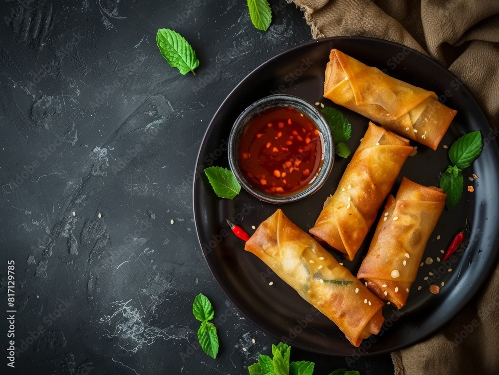 Top view of Chinese spring rolls with dipping sauce, using the rule of ...