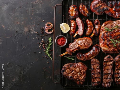Top view of a South African braai with various grilled meats, using the rule of thirds, with ample copy space