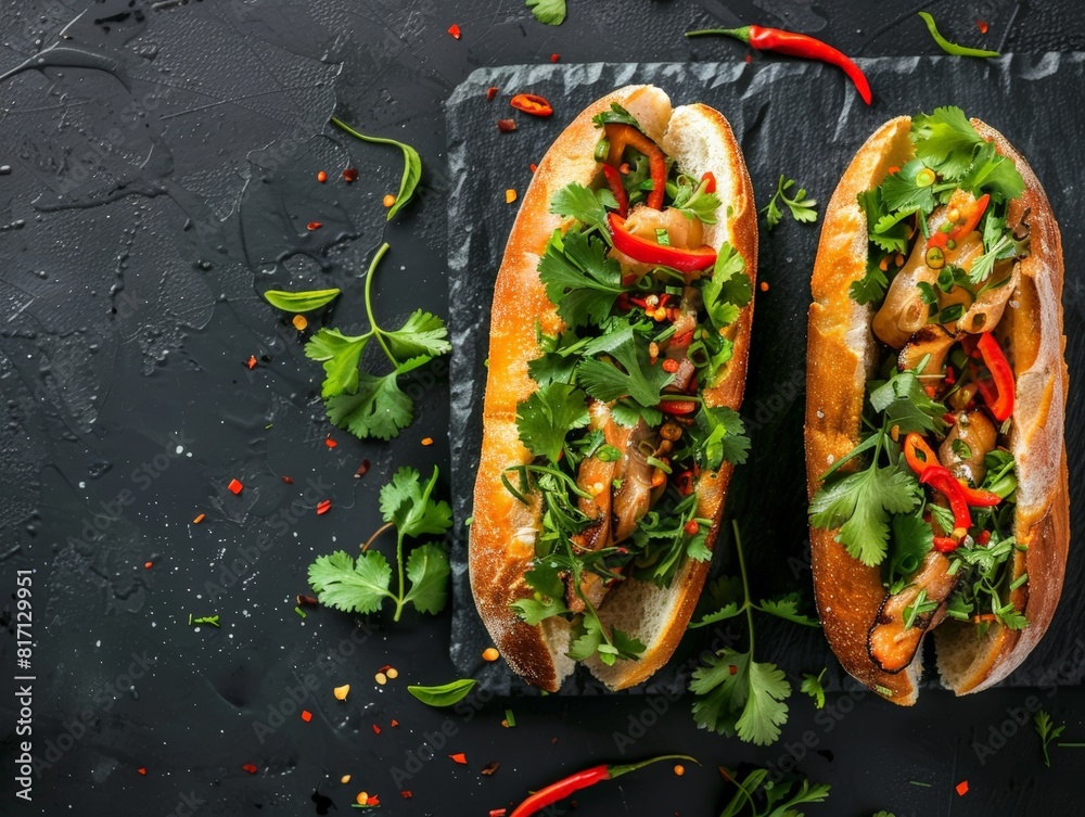 custom made wallpaper toronto digitalTop view of a Vietnamese banh mi sandwich with fresh vegetables and herbs, using the rule of thirds, with ample copy space