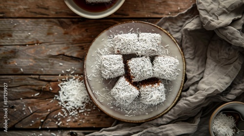 Top view of Australian lamingtons with coconut, using the rule of thirds, with ample copy space