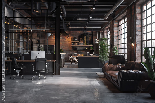 Modern office interior in loft industrial style 3d render © Lucas