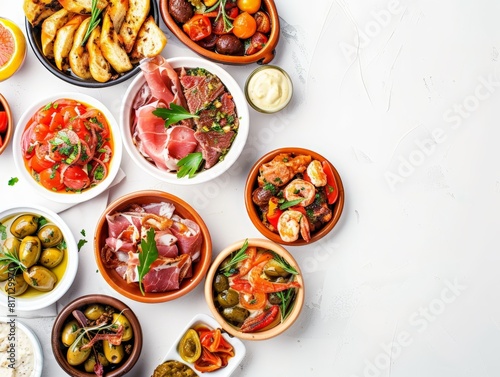 Wallpaper Mural Top view of assorted Spanish tapas with a variety of small dishes, using the rule of thirds, with ample copy space Torontodigital.ca