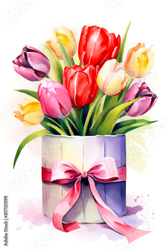 A vibrant bouquet of tulips in a gift box adorned with a ribbon. Perfect for Woman's Day, Mother’s Day, birthday card. Concept of spring, fresh blooms that symbolize renewal and beauty.