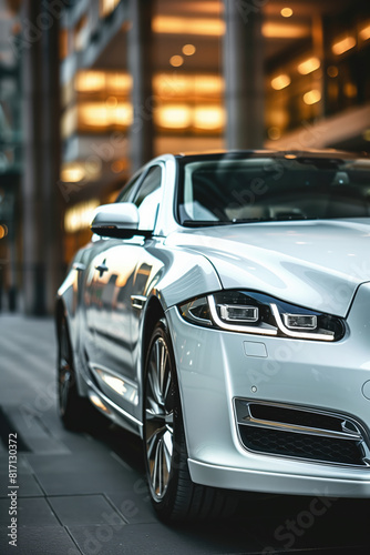 a closeup of a white car in a city
