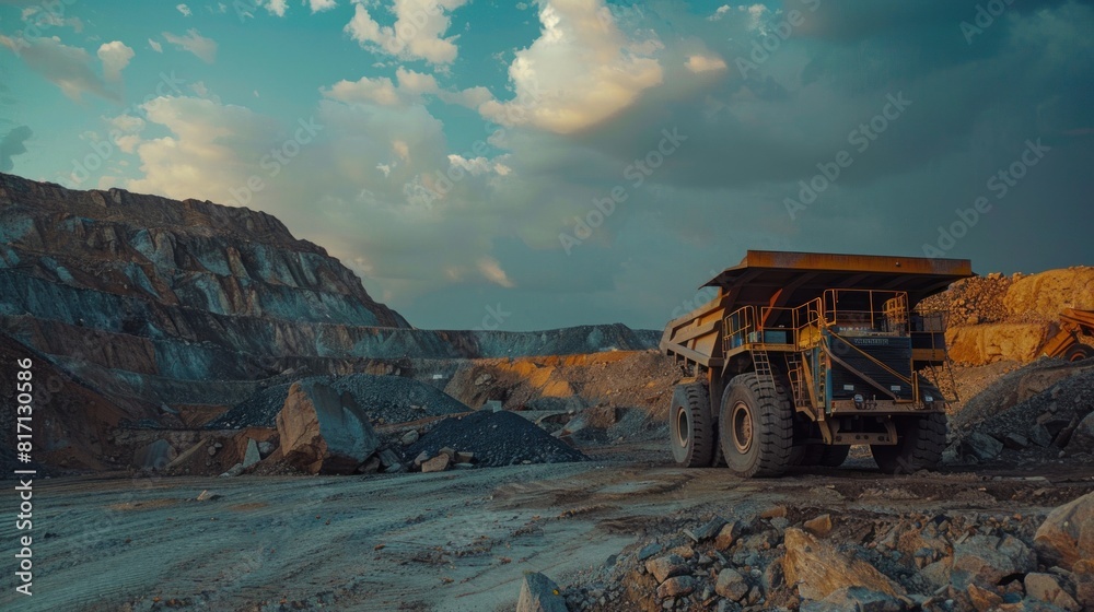 A large yellow dump truck is driving through a rocky area A large yellow dump truck is driving through a rocky area