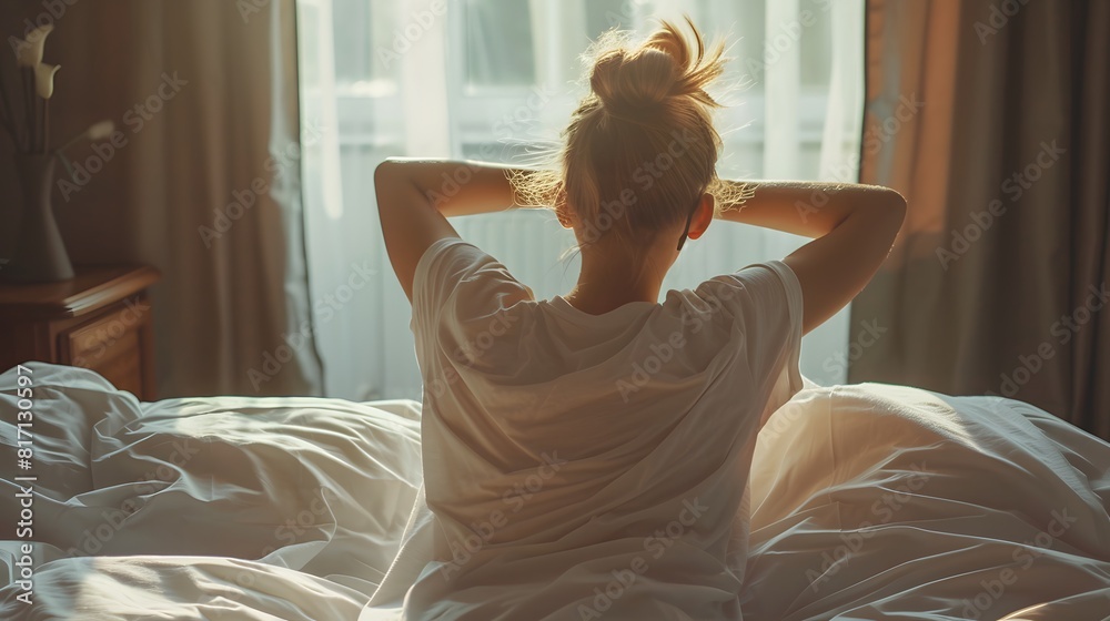Beautiful woman waking up in her bed in the bedroom, she is stretching and smiling Beautiful woman waking up in her bed in the bedroom, she is stretching and smiling