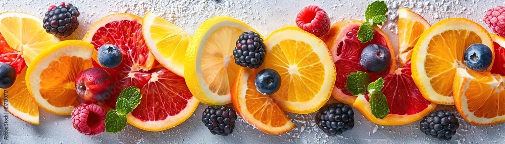 A vibrant, detailed shot of a fruit salad with citrus slices and berries, emphasizing the freshness and natural sweetness, set against a clean, neutral backdrop, extensive space on A vibrant, detailed shot of a fruit salad with citrus slices and berries, emphasizing the freshness and natural sweetness, set against a clean, neutral backdrop, extensive space on