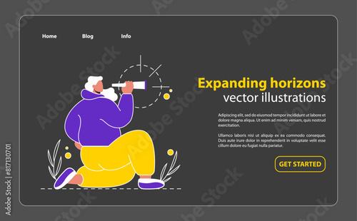 Expanding Horizons concept A character peers through a spyglass, symbolizing the search for new opportunities and vistas An inspiring scene of anticipation and possibility Vector illustration