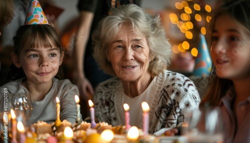 Elderly lady smiles while blowing out birthday candles on cake at joyful event