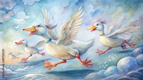 A whimsical illustration of ducks racing with whimsy and excitement, suitable for children's themes. photo