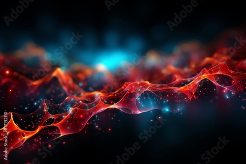 Quantum communication lines, top view, swirling red and black data paths, network complexity, cybernetic tone, Complementary Color Scheme