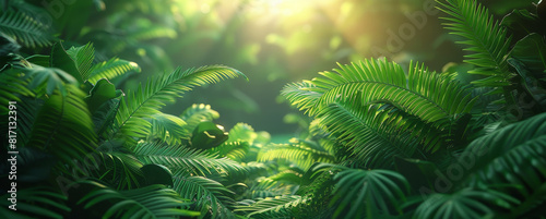 Close-up of lush ferns in a jungle, sunlit and showcasing the dense greenery of the tropics.