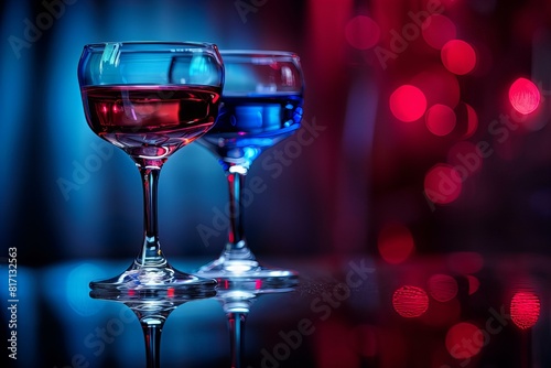 Two wine glasses on table with red and blue lights