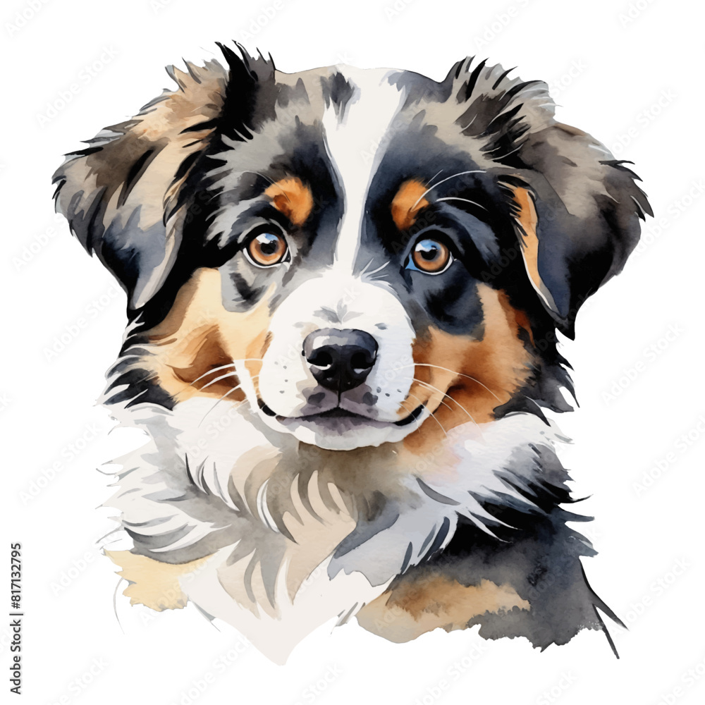 Australian Shepherd Dog Puppy Portrait Hand Drawn Watercolor Painting Illustration