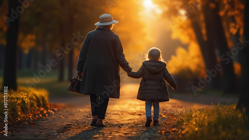 Grandmother and child walk hand in hand in the park. Autumn season, calm atmosphere
