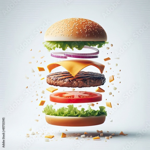 A floating unassembled cheeseburger against a white backdrop, including a toasted sesame bun, lettuce, onion, tomatoes, a grilled beef patty and the bottom bun all aligned mid-air as if being magicall photo