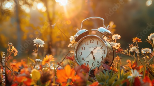 Daylight saving time ends. Alarm clock on beautiful nature background with summer flowers and autumn leaves. Summer time end and fall season coming. Clock turn backward to winter time