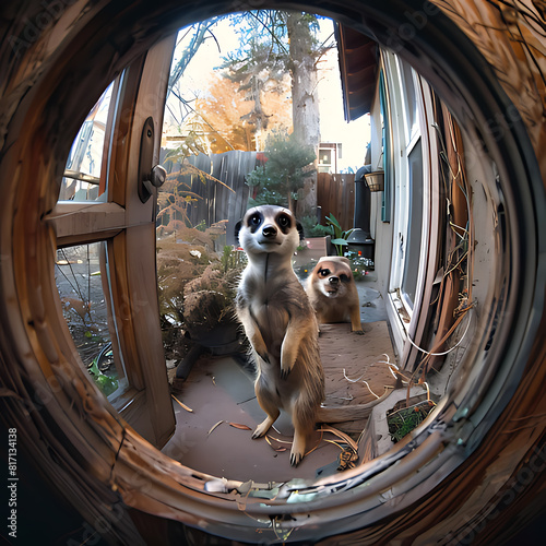 Camera view through the peephole of a door. On the porch outside is a cute meerkat 