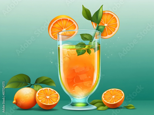 Summer hello greeting vector design. Hello  summer text with glass orange drink beverage in the green background for seasonal tropical hot refreshment promotion   vector illustration summer greeting.