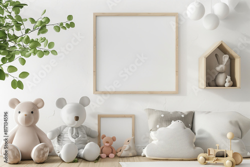 Mock up poster frame in white cozy children room interior background 3D render