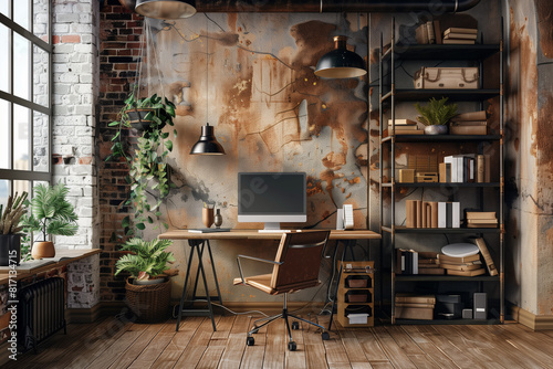 Home mockup vintage home office interior background 3d render