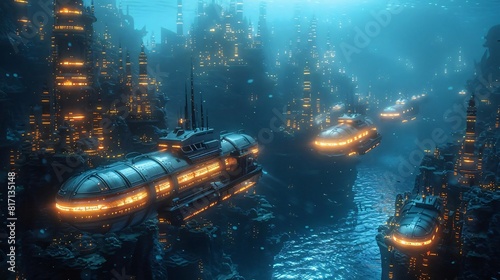 Underwater city with bio-luminescent creatures and futuristic submarines photo