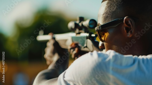 Black man practicing target shooting sport, person is focused and enjoying the sport, sports photography, generative ai