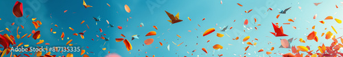 Dynamic Explosion of Floral Petals and Paper Cranes in Blue Sky