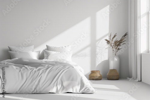 White luxury bedroom interior wall mockup 3d render